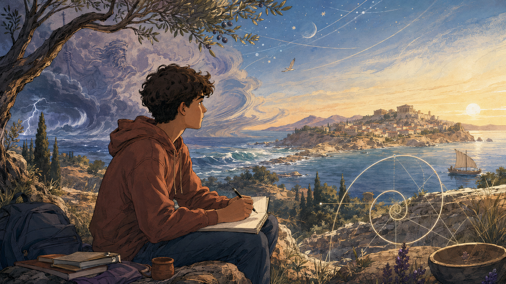 Una estudiante conecta el paisaje de Jonia con tres maneras de comprenderlo: el relato mítico, la observación de la naturaleza y la búsqueda racional de principios.